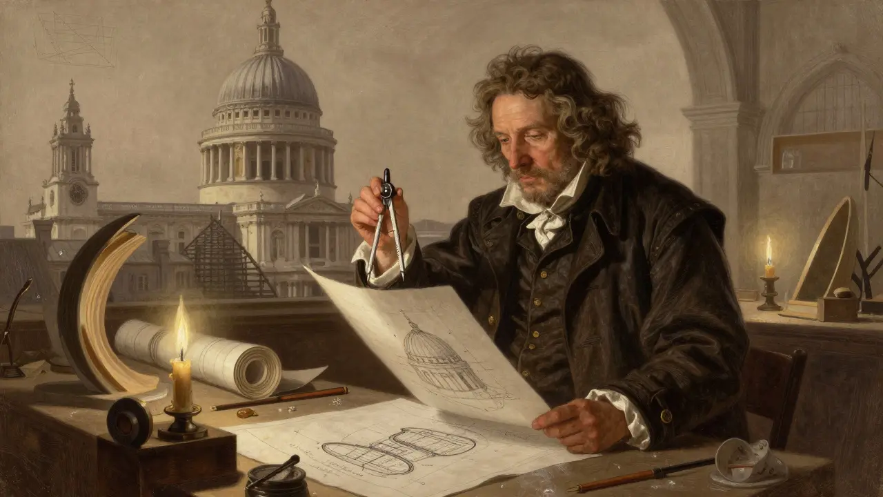 Historical illustration of architect Sir Christopher Wren designing St. Paul's dome with compass and blueprints in his workshop.