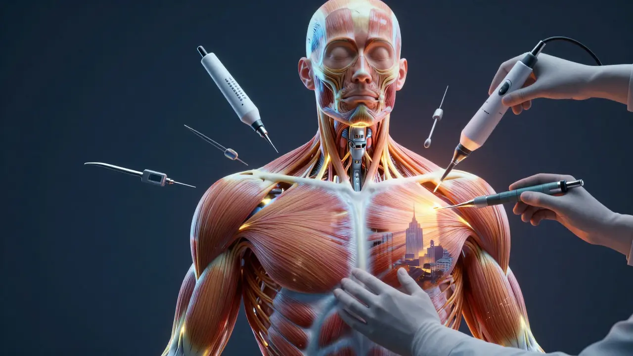 Human body as a machine being repaired with glowing muscle networks and London skyline reflection