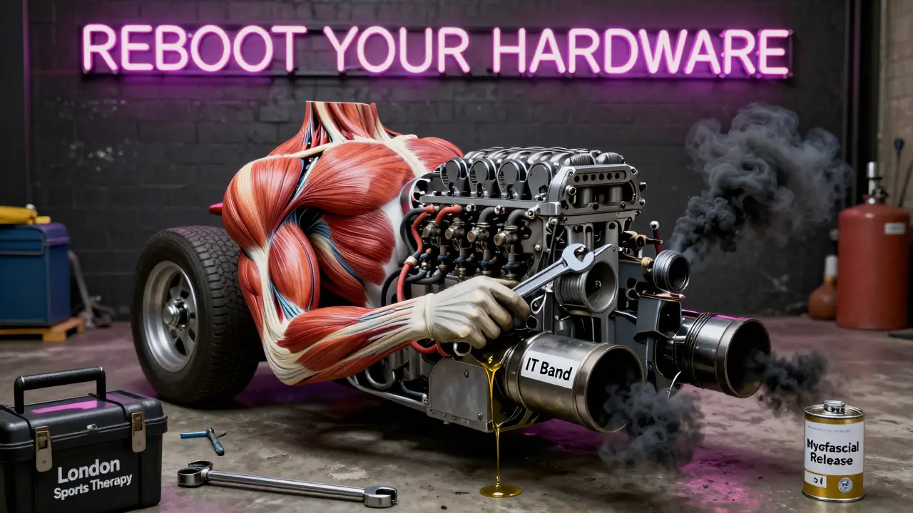 Human body depicted as a vintage car engine being repaired in a garage, symbolizing physical recovery through sports massage.
