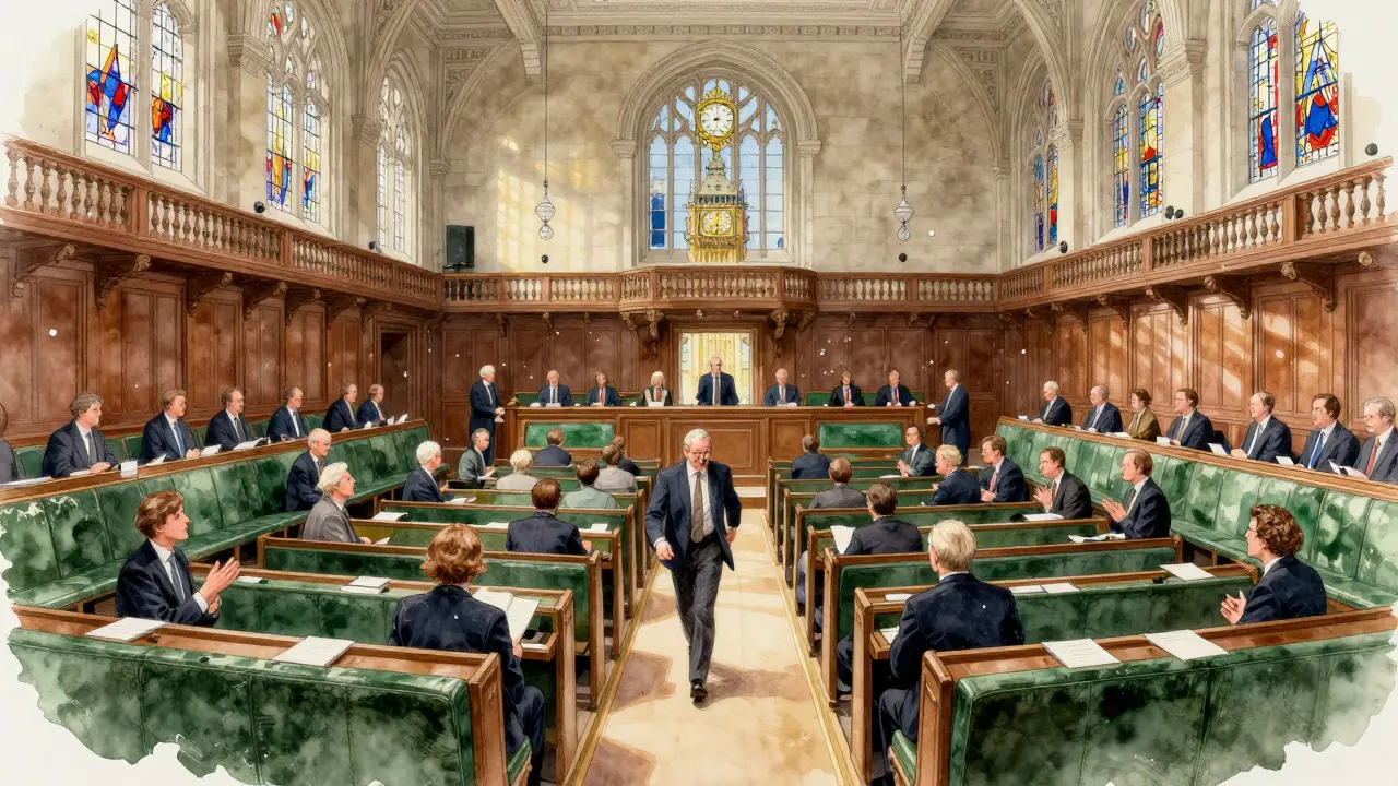 Interior of the Commons Chamber during debate, with MPs rushing and worn green benches.