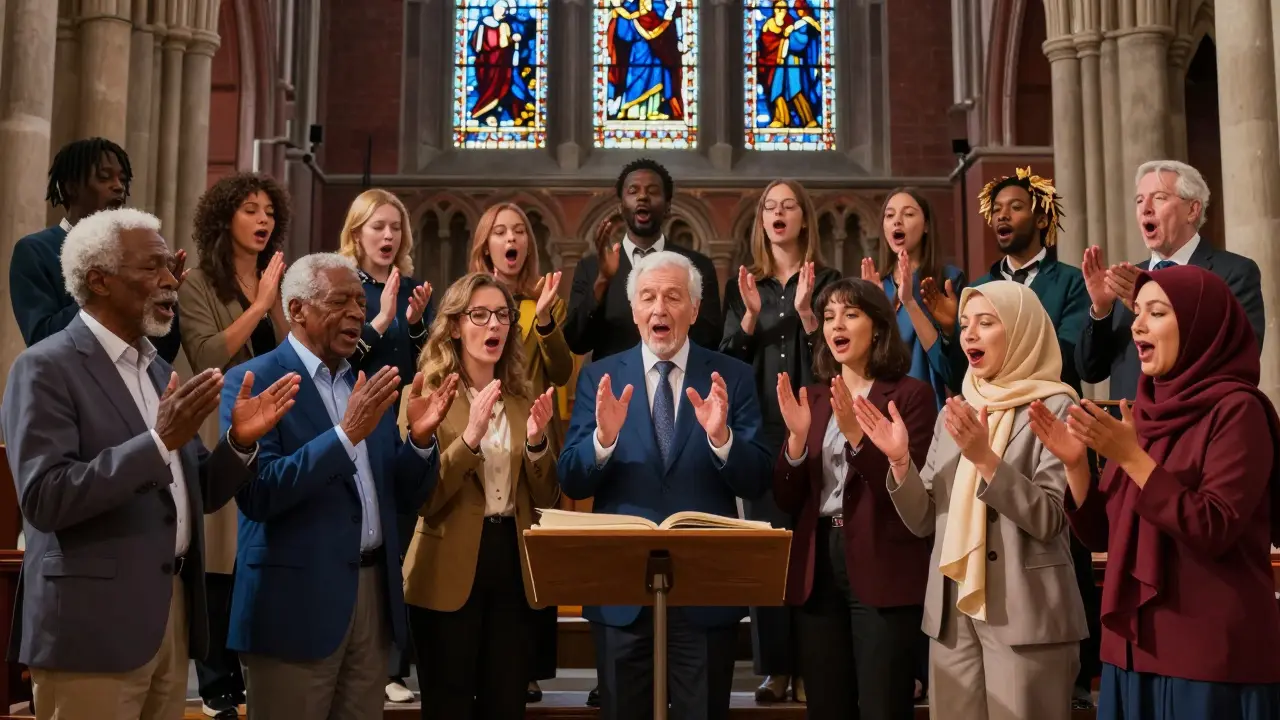 Multicultural choir singing together in St. Pancras Church, sunlight illuminating faces of all ages and backgrounds.