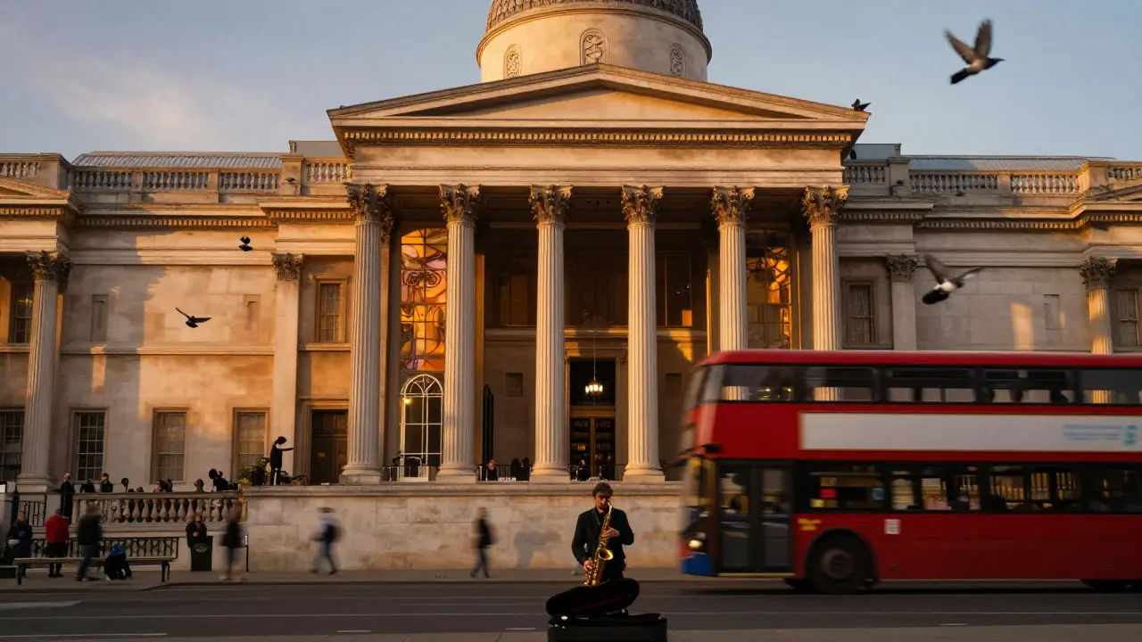 National Gallery facade at sunset with bus passing by, pigeons in flight, and glowing reflections on glass.