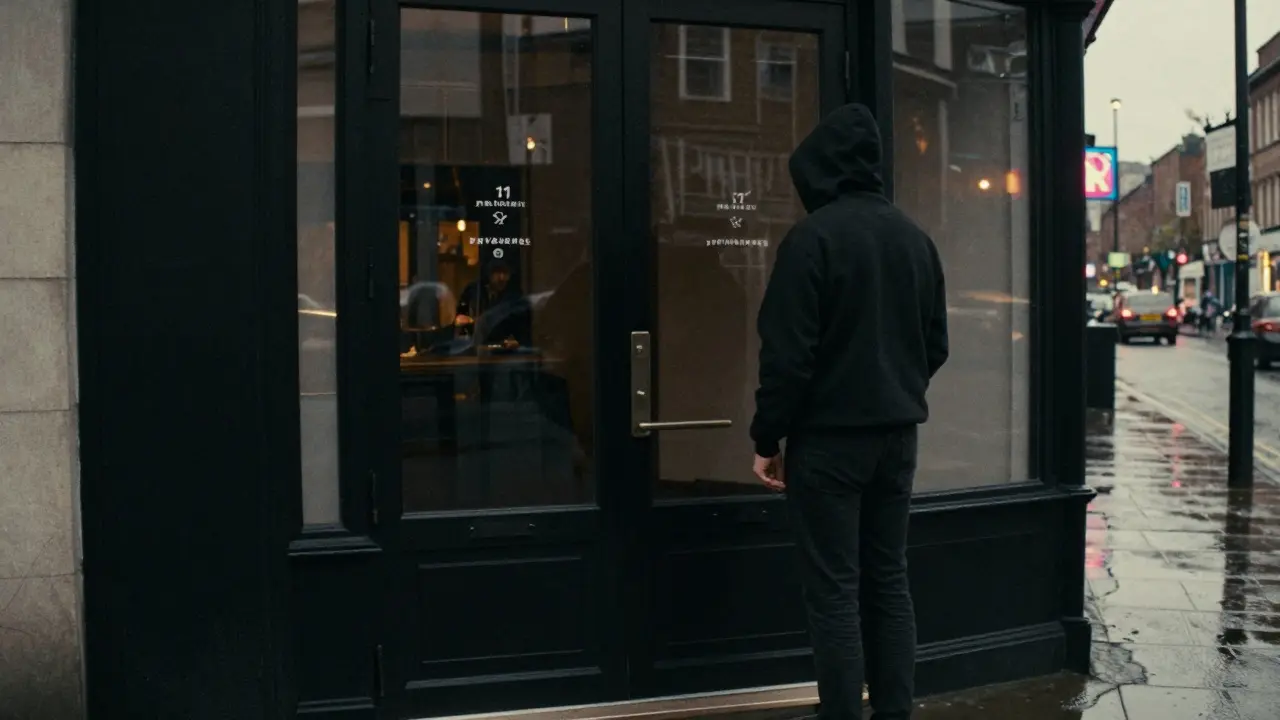 Plain black door of Fabric nightclub at night with a tiny white logo, a lone person approaching in the rain.