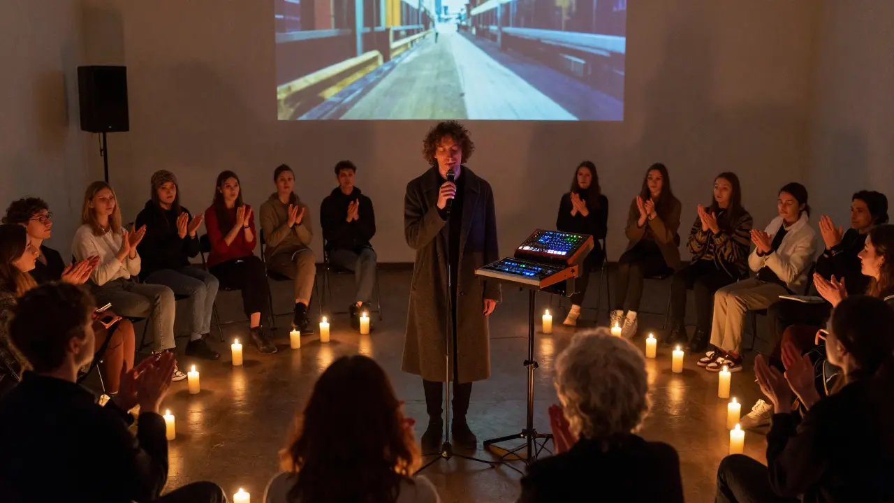 Poet performing live poetry to ambient synth music, surrounded by a silent, clapping circle in candlelit darkness.