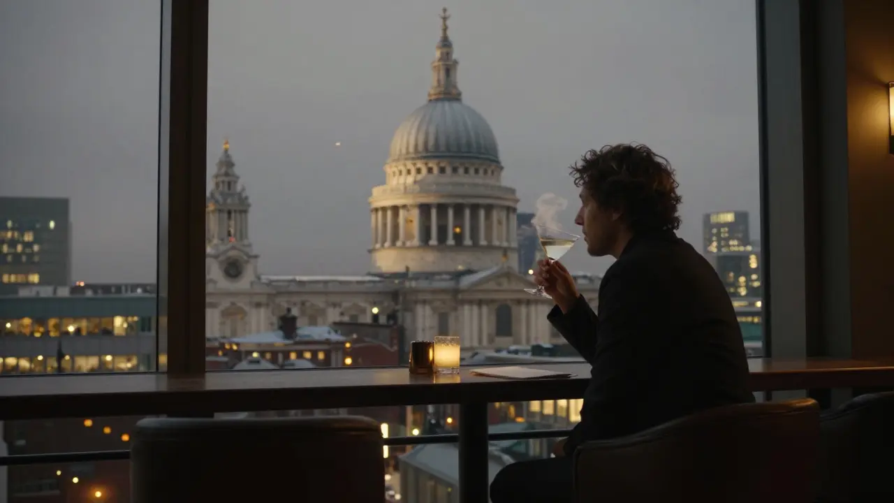 Quiet winter night at Bar 13 with a person sipping a martini as St. Paul’s Cathedral glows in the frosty cityscape.