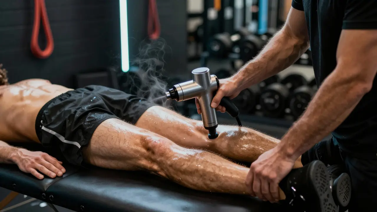 Runner receiving Theragun therapy in a gritty Islington gym