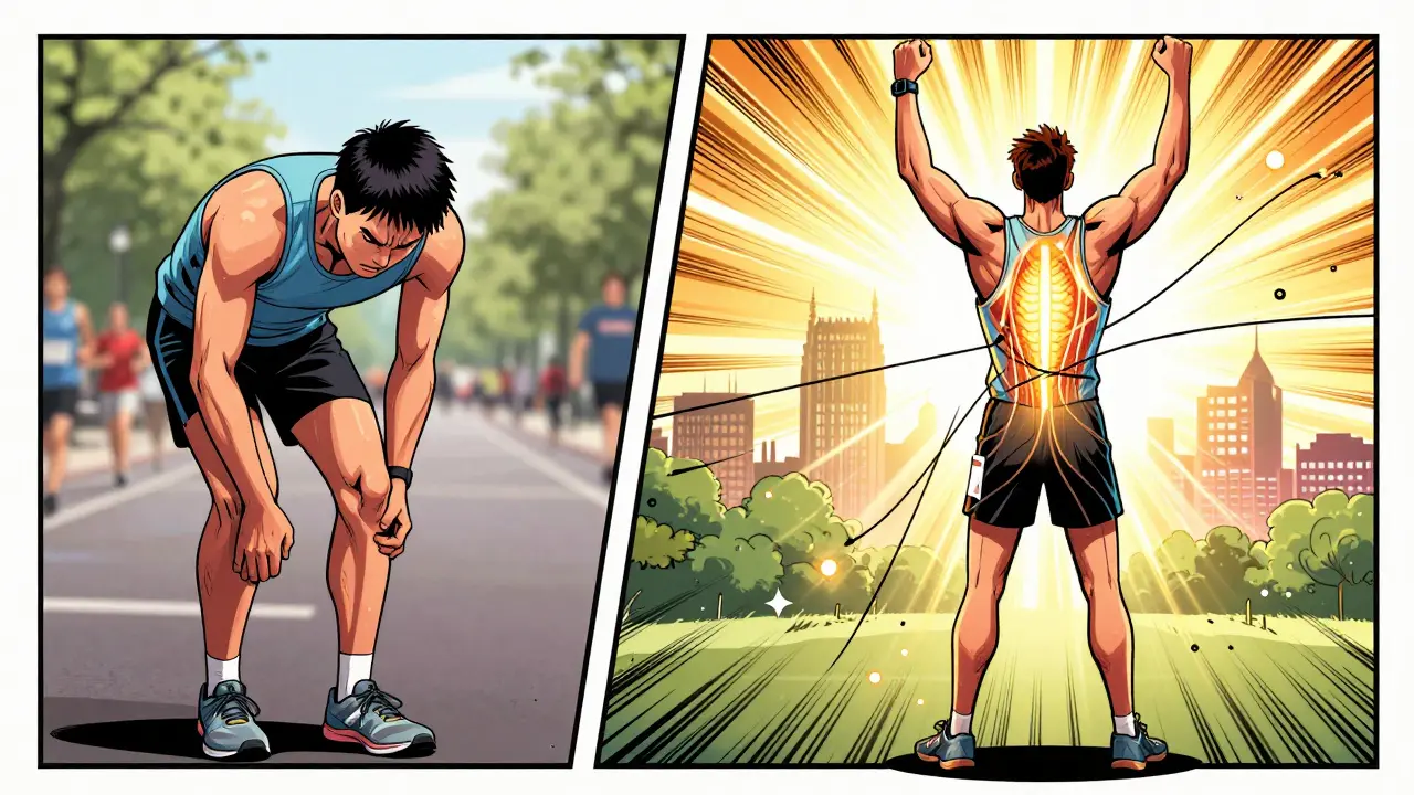 Split-panel comic illustration showing an athlete transformed from pain to power after a sports massage session.