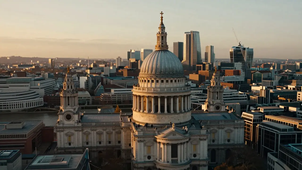 Sunset aerial view of St. Paul's Cathedral at the heart of London's skyline, with tiny figures climbing its stairs.