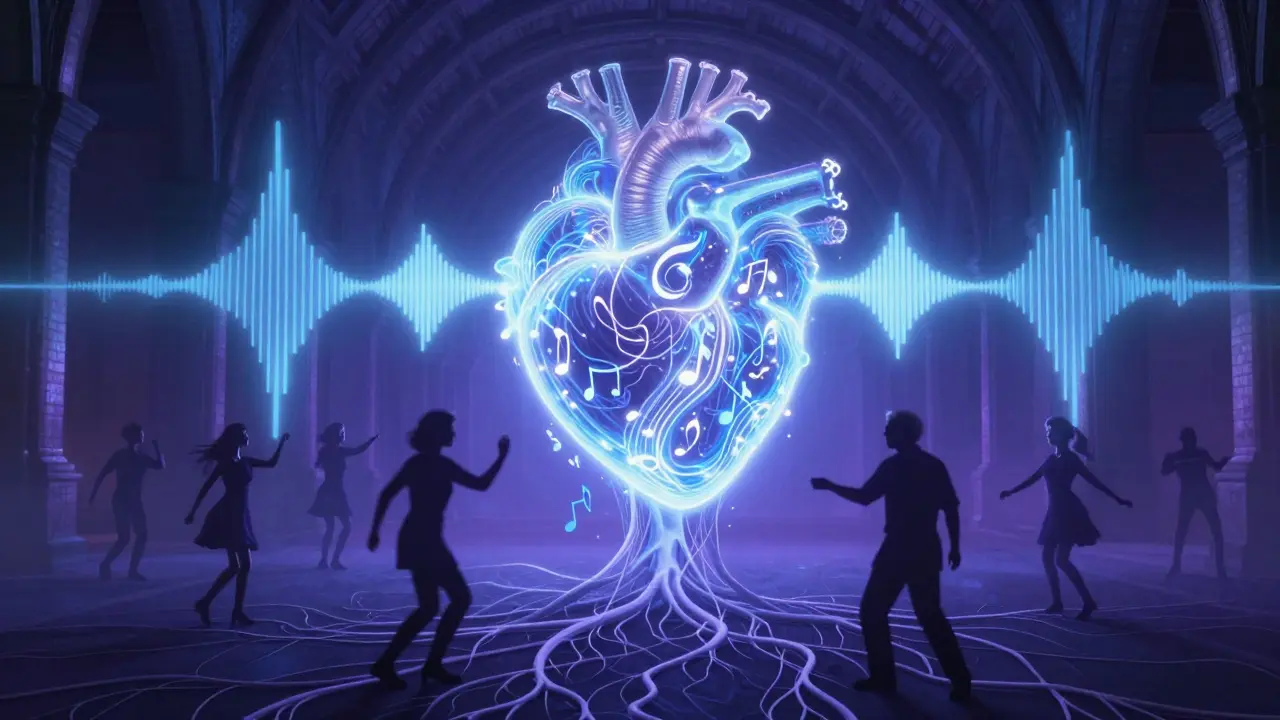 Surreal glowing heart of soundwaves beneath Farringdon's railway arches, connecting dancers in abstract rhythm.