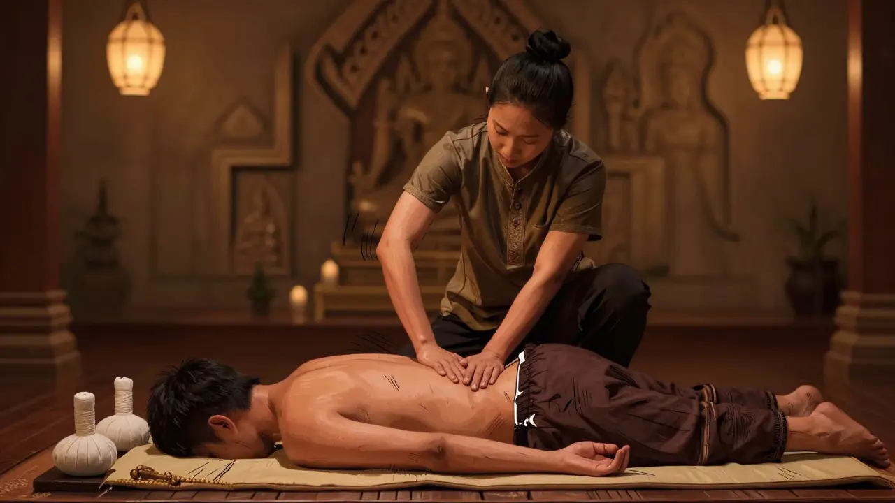 Therapist using hands and elbows to stretch a client's spine during traditional Thai bodywork, herbal compresses nearby, dim lantern light.
