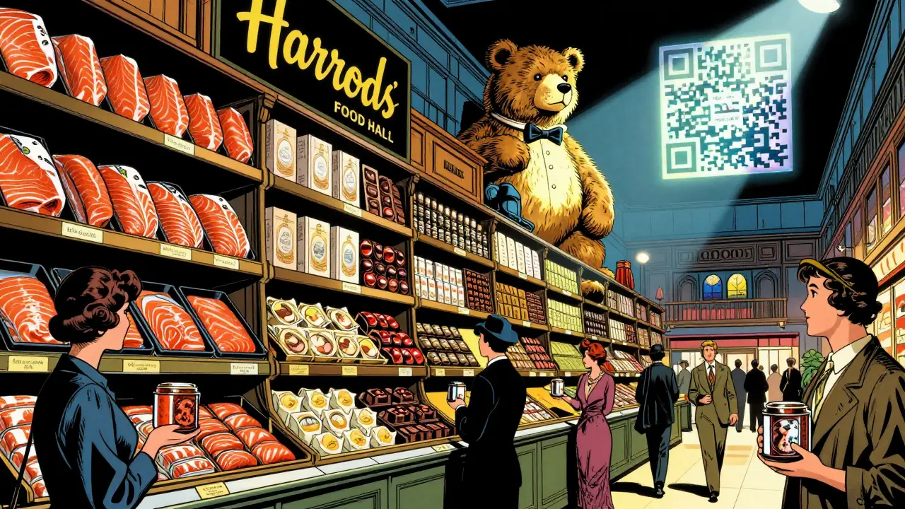 Vintage comic style of Harrods Food Hall with bear, chocolates, and glowing QR code.