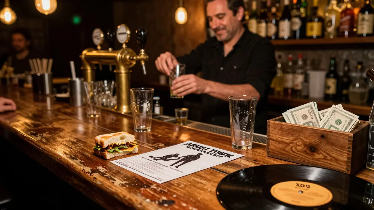 Wooden bar counter at a London underground club with pint glasses, a beer tap, cash box, and a vinyl record.