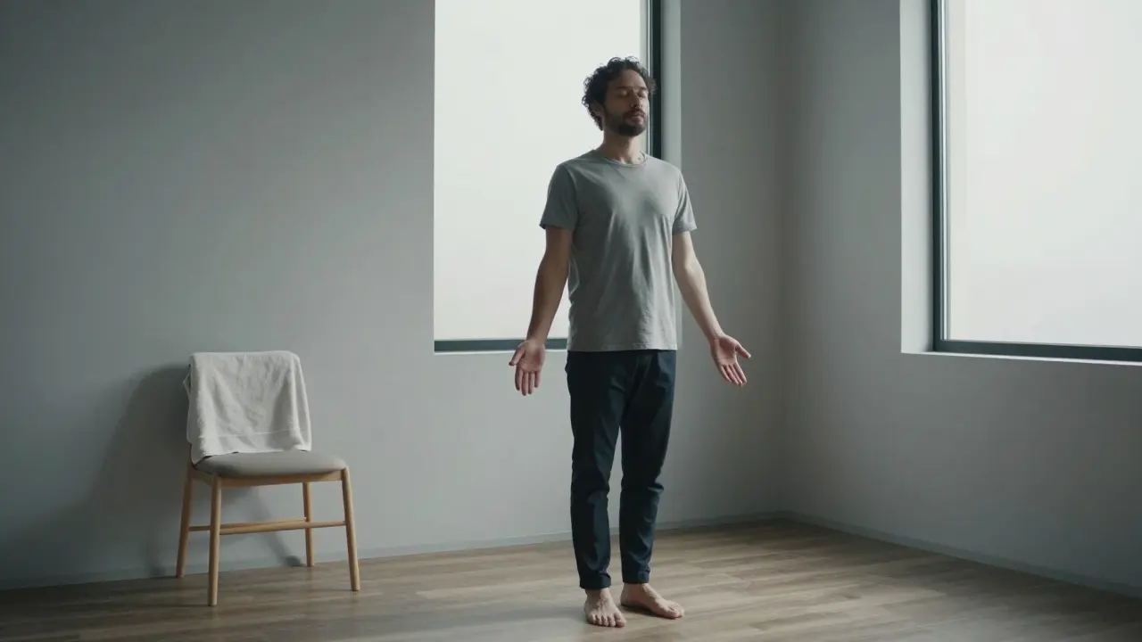 A man standing peacefully after a massage, bathed in sunlight, feeling profound bodily release.