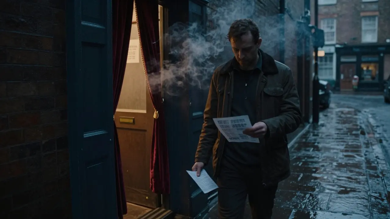 A man walks down a rainy East London alley at dusk, approaching a hidden door with velvet curtains and warm light.