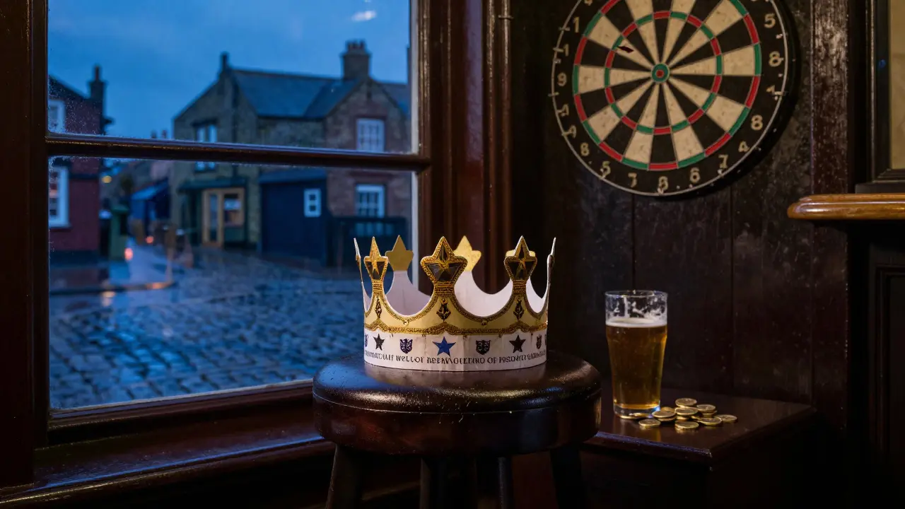 A paper crown on a pub stool beside coins and a dartboard at night in London.