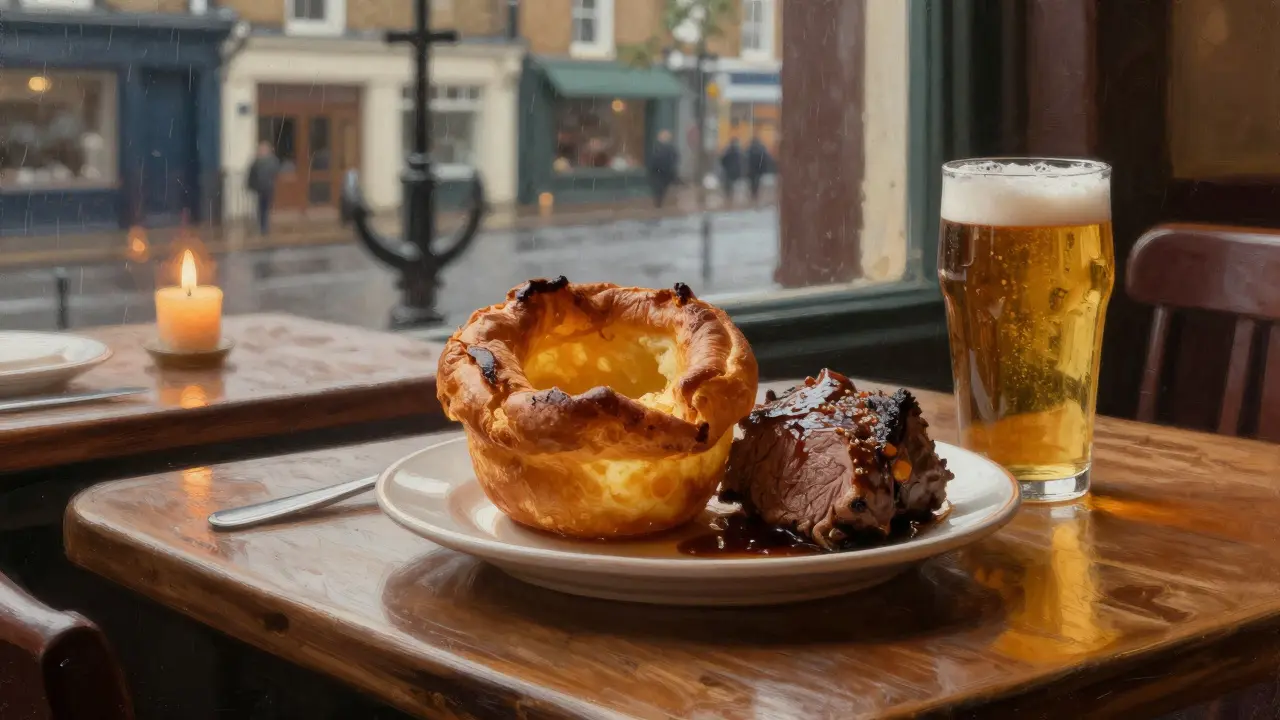 A Sunday roast at The Anchor &amp; Hope featuring a golden Yorkshire pudding and slow-roasted beef in a cozy pub setting.