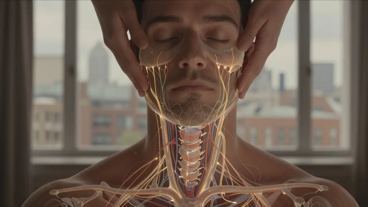 Artistic depiction of lymphatic fluid flowing out of a man's face and neck, symbolizing detoxification and reduced swelling.