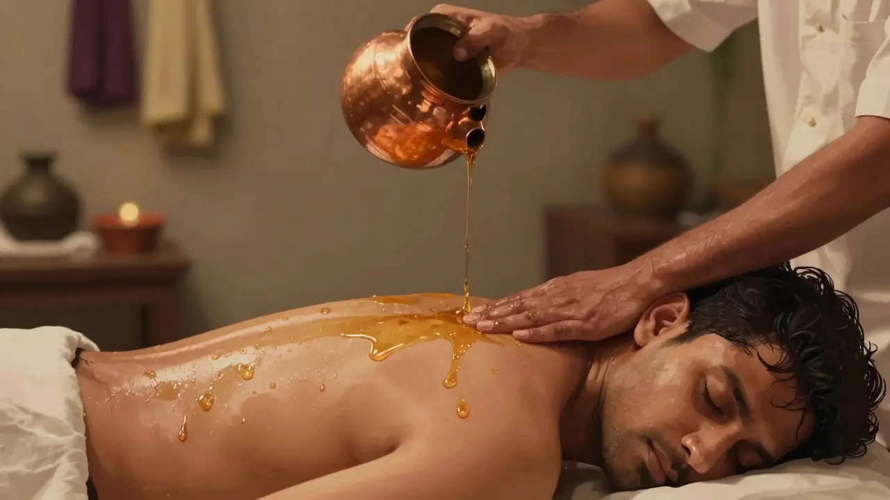 Close-up of a man’s serene face during Pizichil massage, oil dripping onto his spine, warm light highlighting sweat and calm expression.