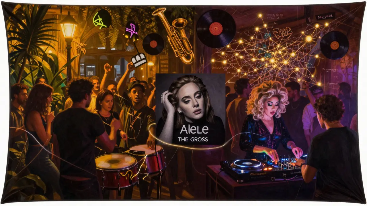 Collage of London club scenes connected by sound threads, showing diverse dance cultures in neon-lit underground venues.