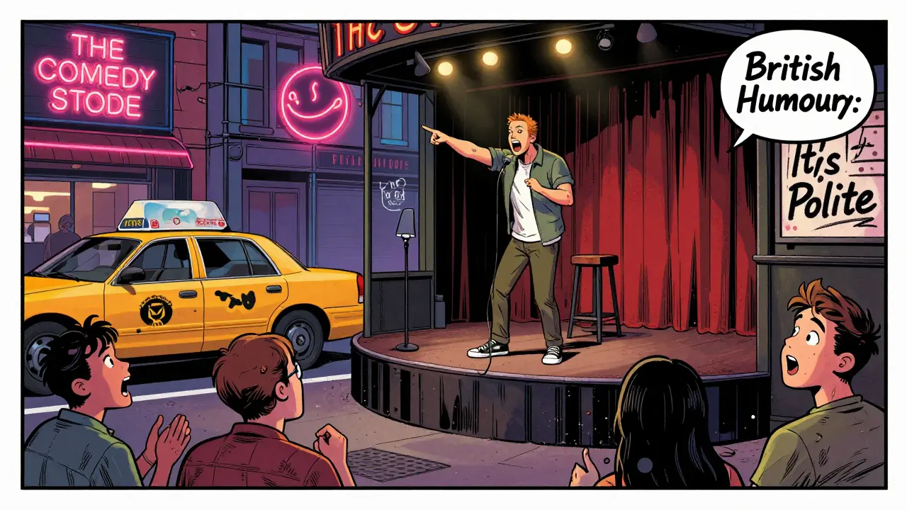 Comic book style of a lively comedy show above a kebab shop in Soho, diverse audience reacting to a rant.