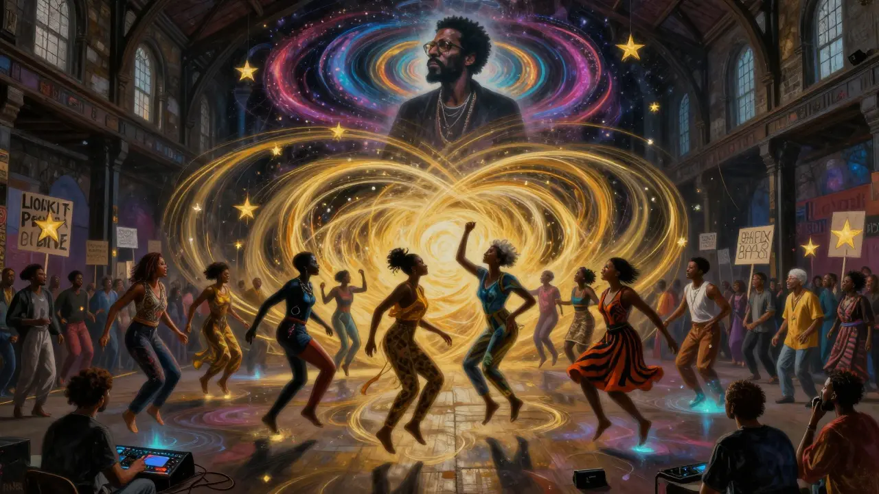 Dancers floating in a church warehouse as golden soundwaves rise, blending Afrobeat rhythms with cultural heritage.