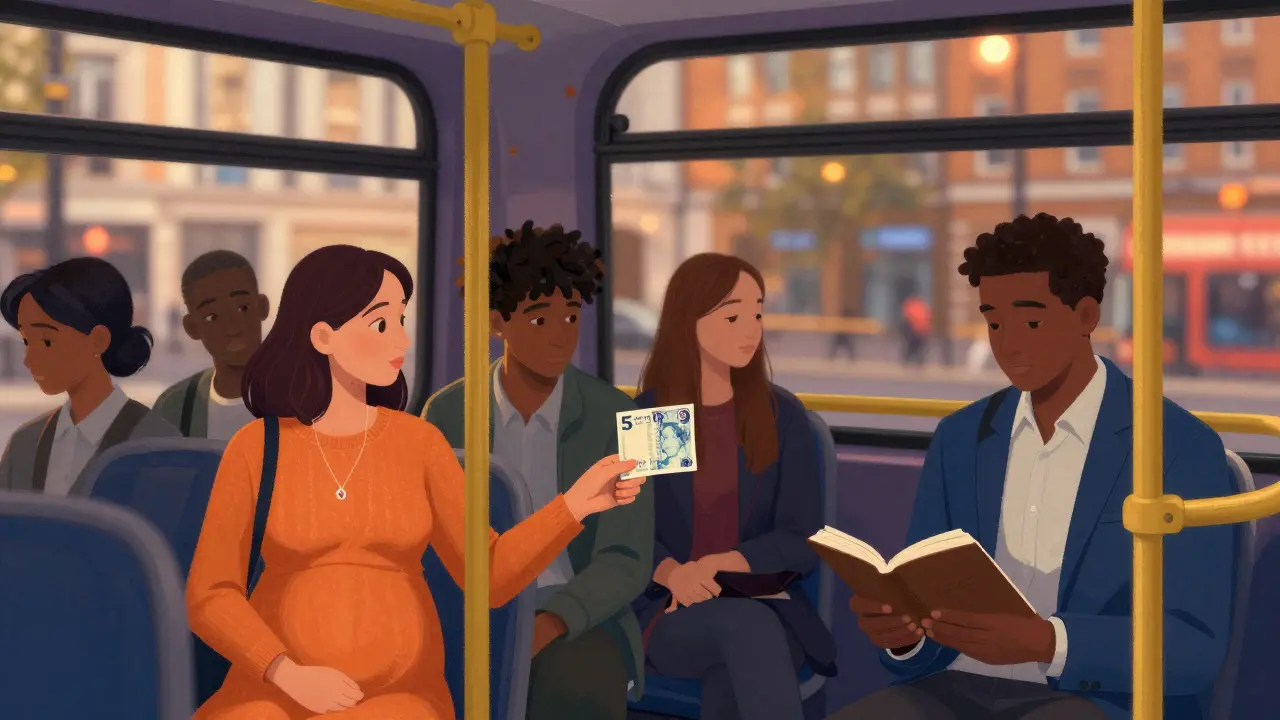 Diverse passengers on a London bus sharing quiet moments during golden hour.