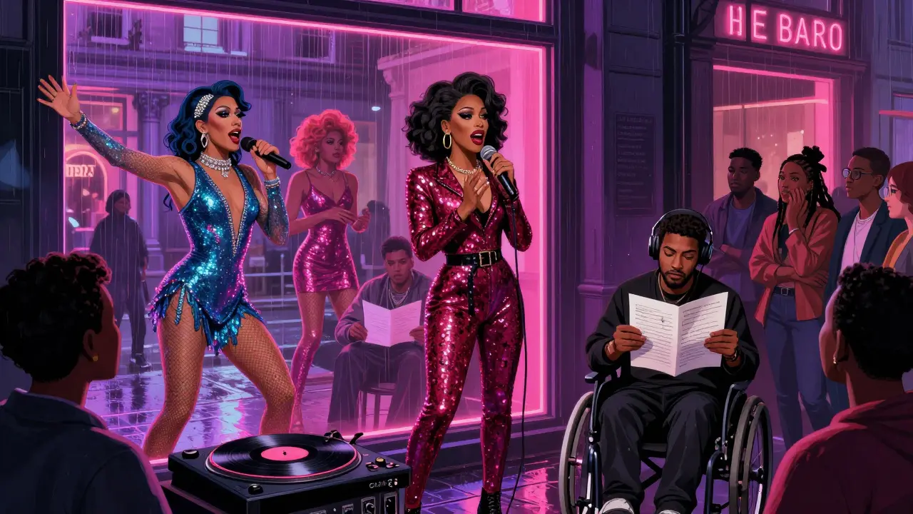 Drag performers and storytellers under neon lights at a queer event in Soho, diverse audience captivated.