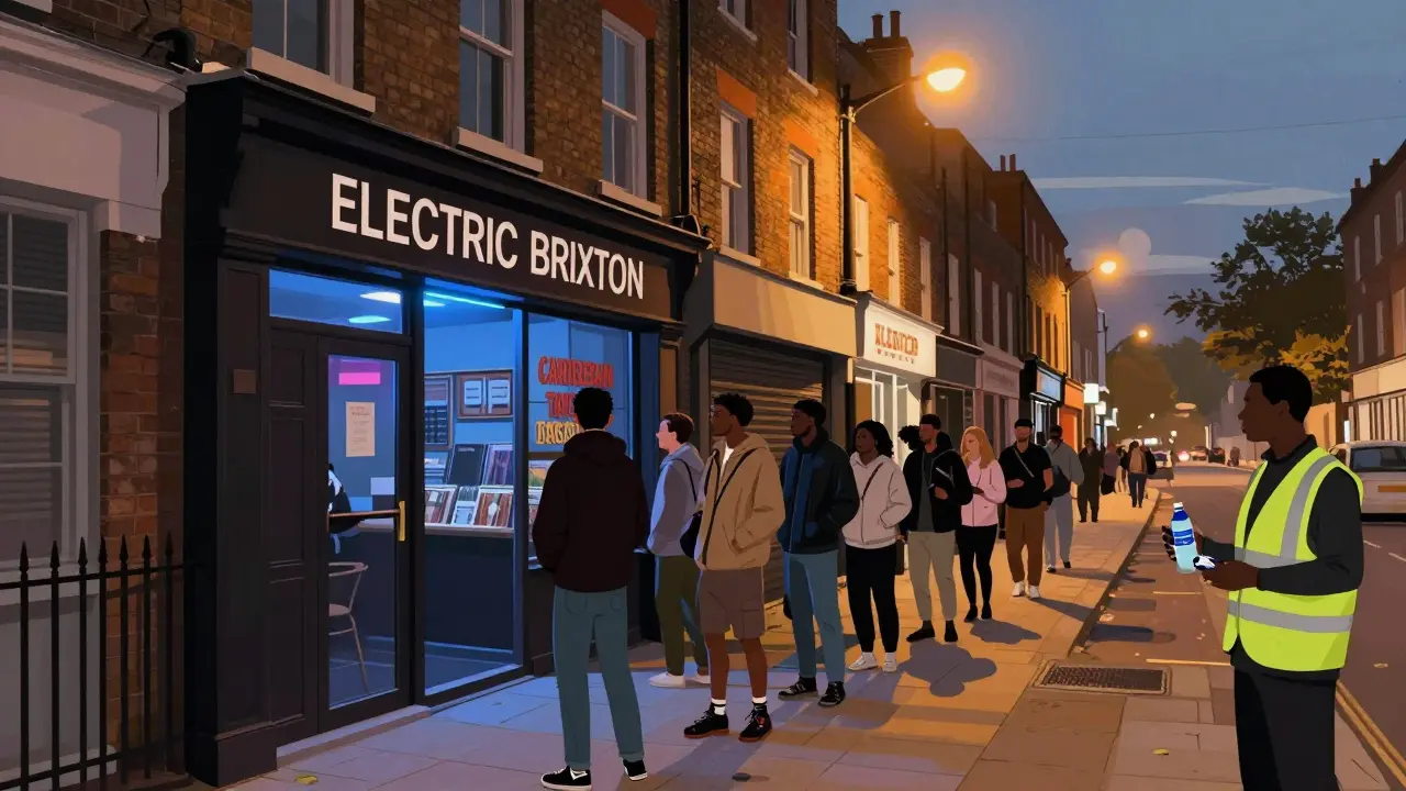 Electric Brixton's unmarked entrance between a takeout and record shop, with a long queue of people winding down Brixton Road at dusk.