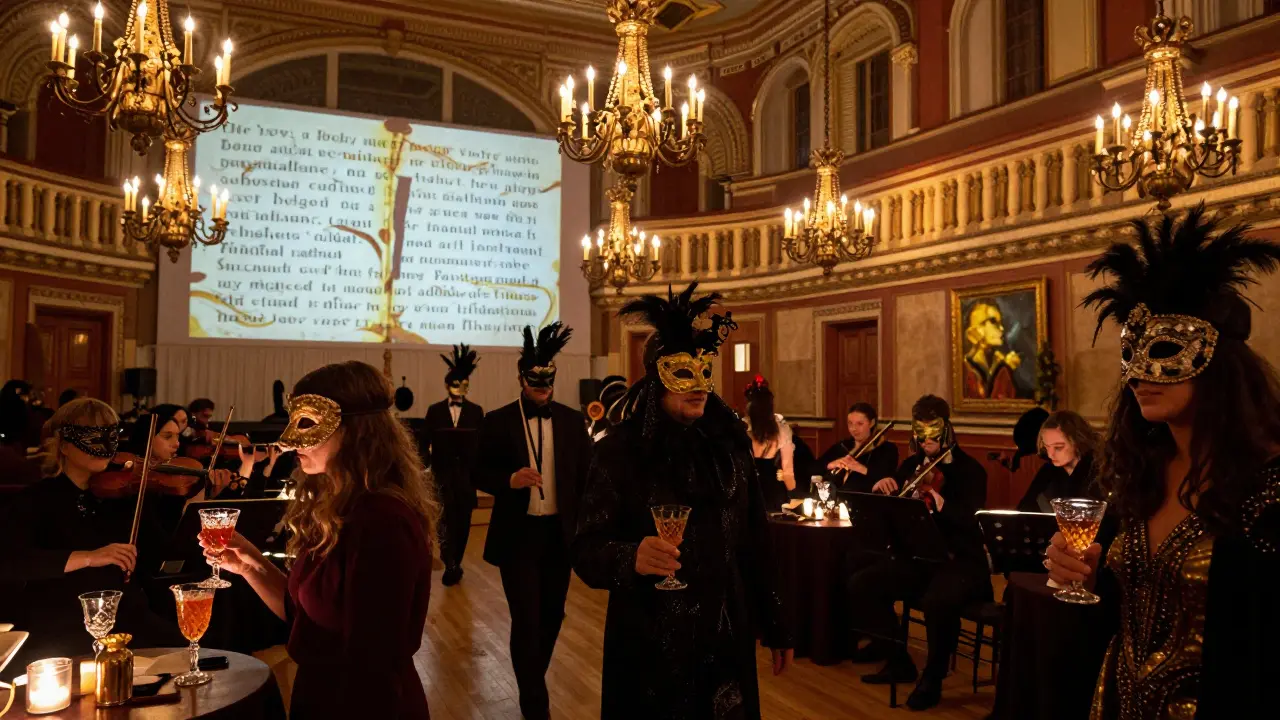 Guests in ornate masks moving through a grand hall with projections and live musicians.