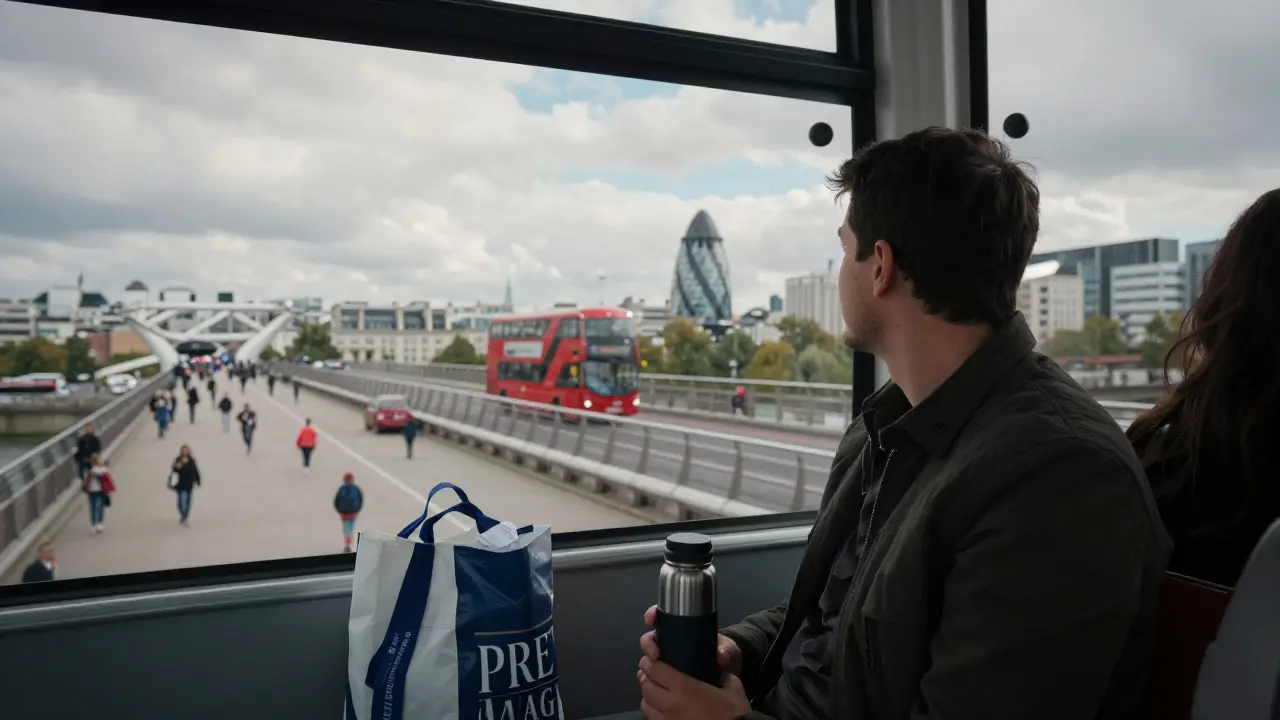 Inside the London Eye capsule, a passenger holds a thermos while overlooking the South Bank and Millennium Bridge.