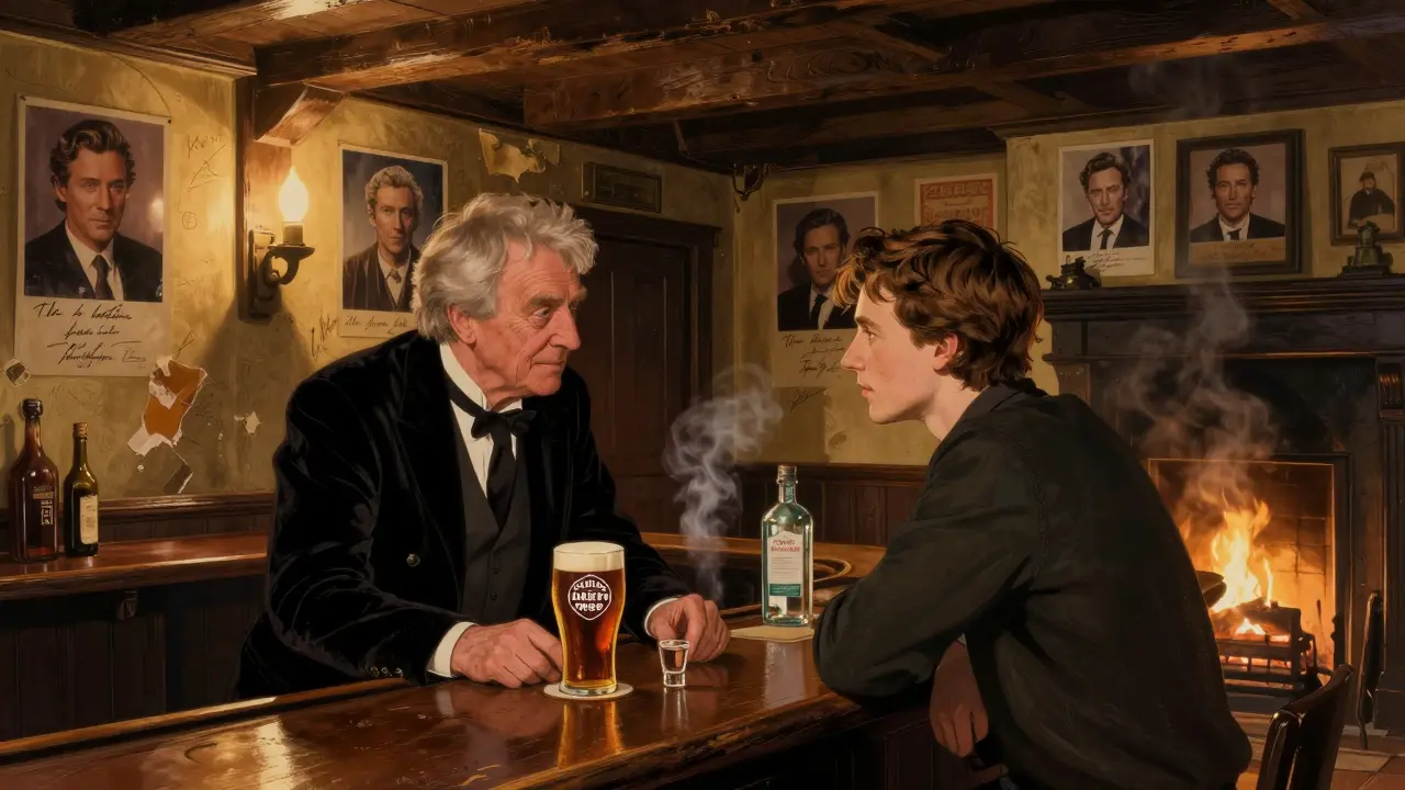 Interior of The Lamb &amp; Flag pub with signed actor photos, a half-pint of London Pride, and a velvet-jacketed stage manager talking to a playwright.