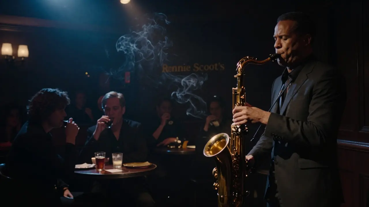 Jazz musician performing in dimly lit Soho club with intimate audience