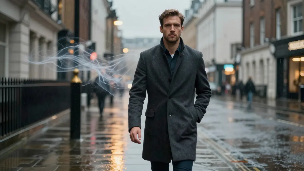 Man walking confidently in London rain, his refreshed face showing the lasting effects of lymphatic drainage with no puffiness.