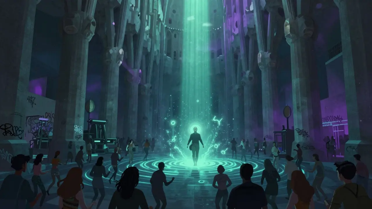 Massive crowd at Printworks dancing under surreal underwater-like lighting with glowing soundwaves and concrete architecture.