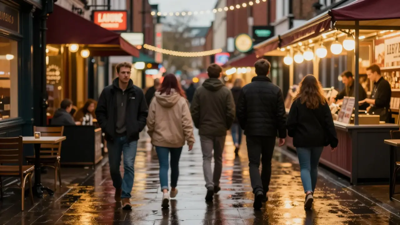 People at Flat Iron Square food market at night