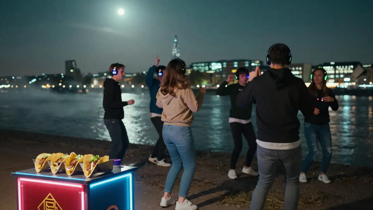 People dancing silently on a riverside path under moonlight with glowing accessories.