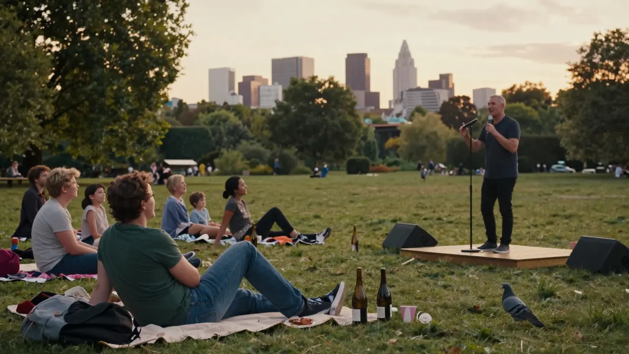 People enjoying free outdoor comedy in Hyde Park at sunset, laughing under golden light with wine and blankets.