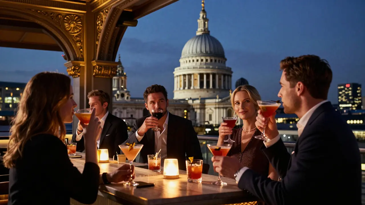 Smart casual crowd at The Ned's Den with St Paul's Cathedral view