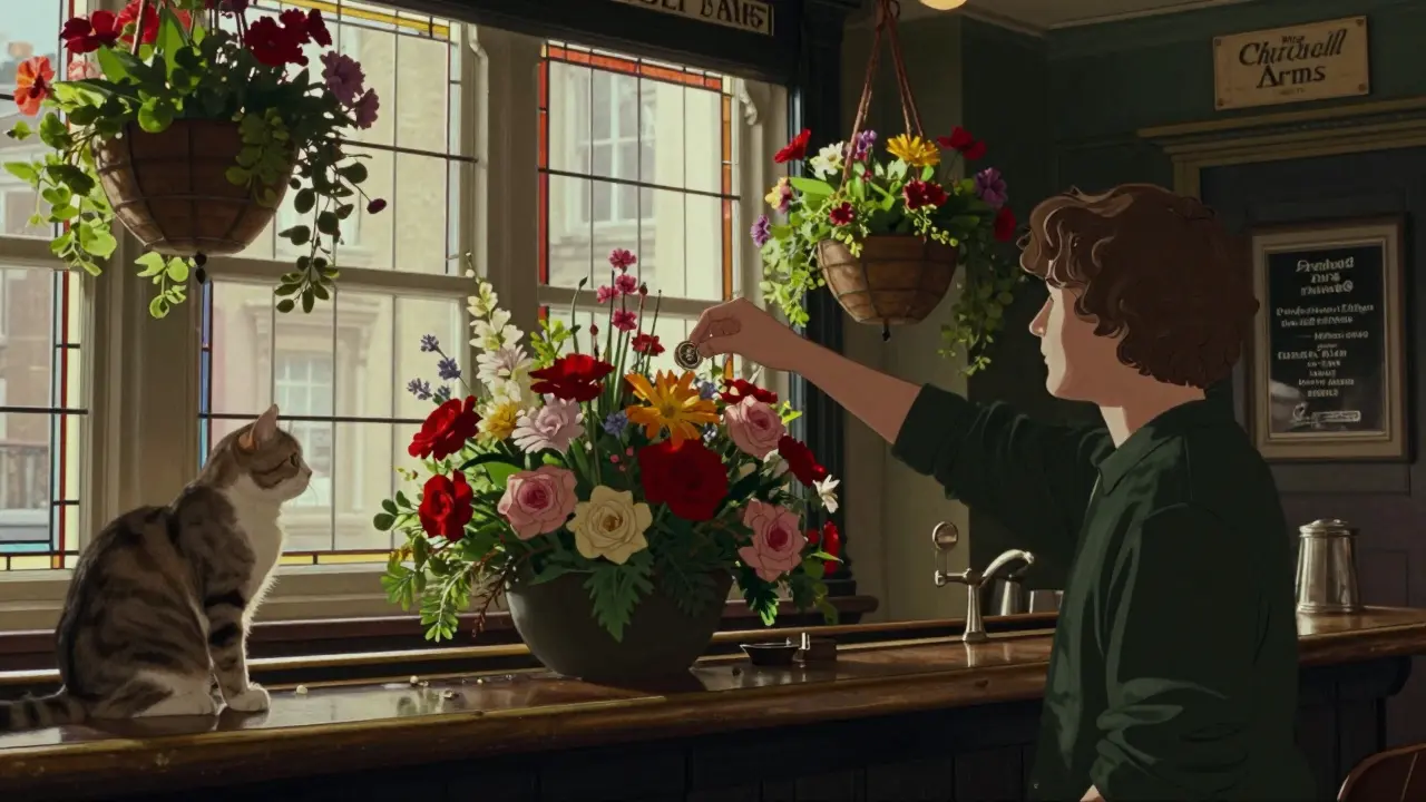 Someone placing a pound coin on a floral display at a colorful London pub bar.
