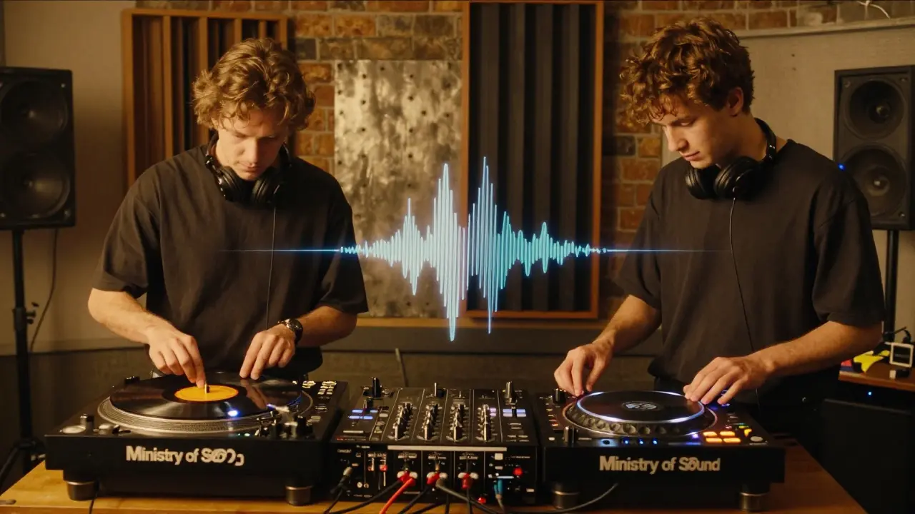 Split image: 1990s DJ mixing vinyl and 2026 youth learning to produce, connected by sound waves in a studio.