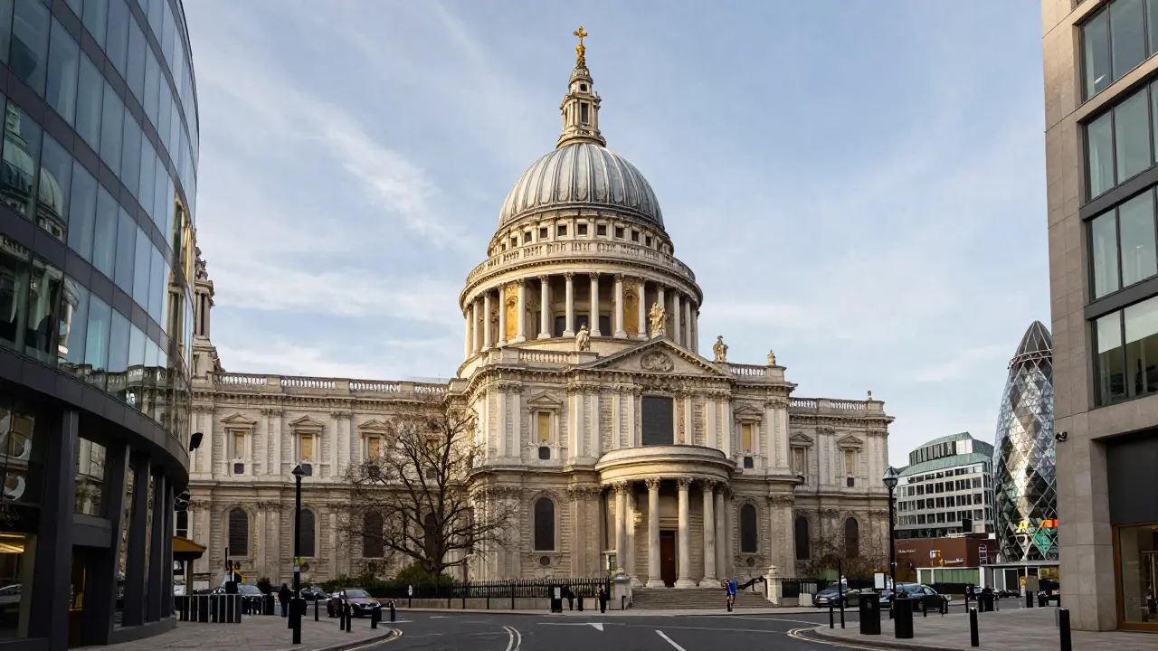 St Paul’s Cathedral with modern office towers in the background, preserving historic sightlines.