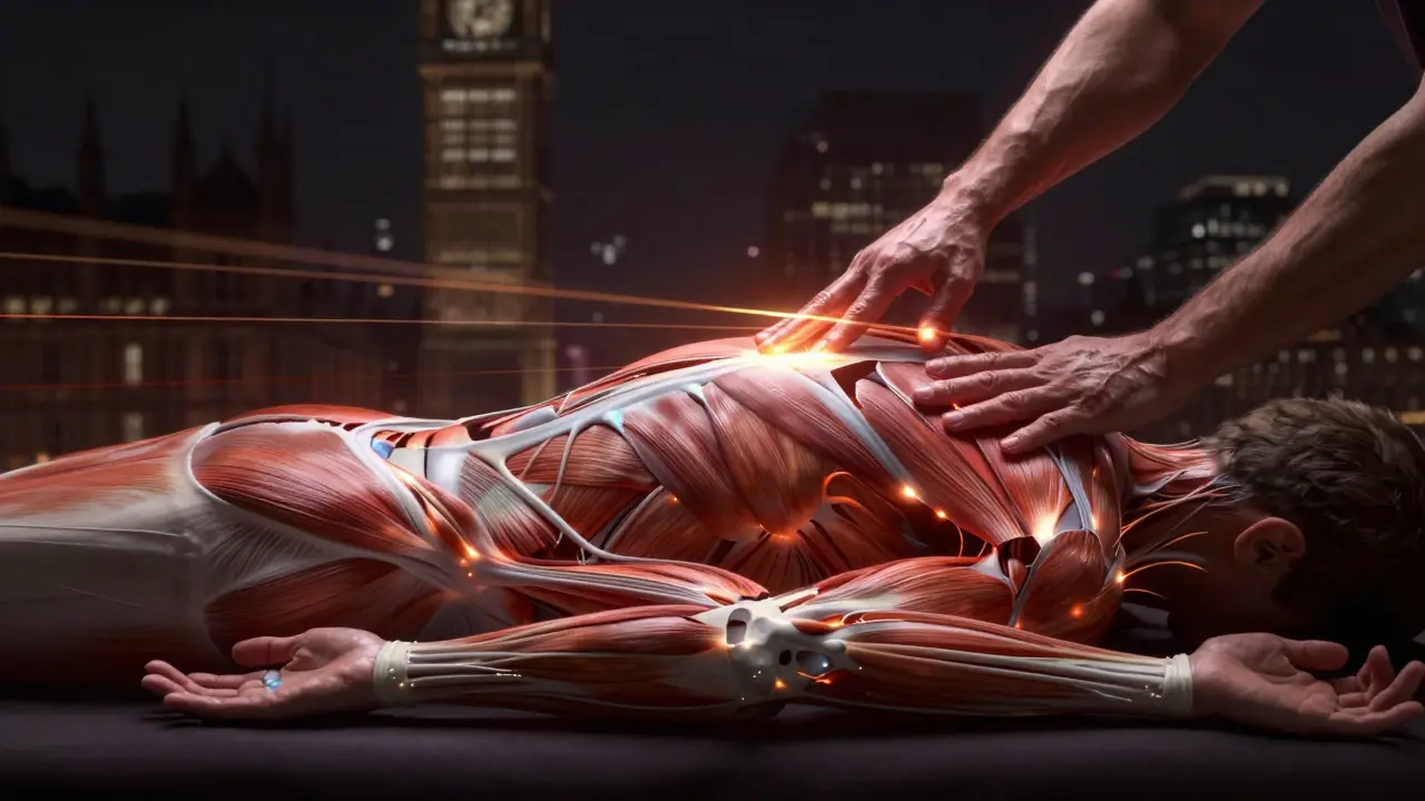 Surreal image of a body being repaired with glowing threads of light, symbolizing recovery from muscle damage.