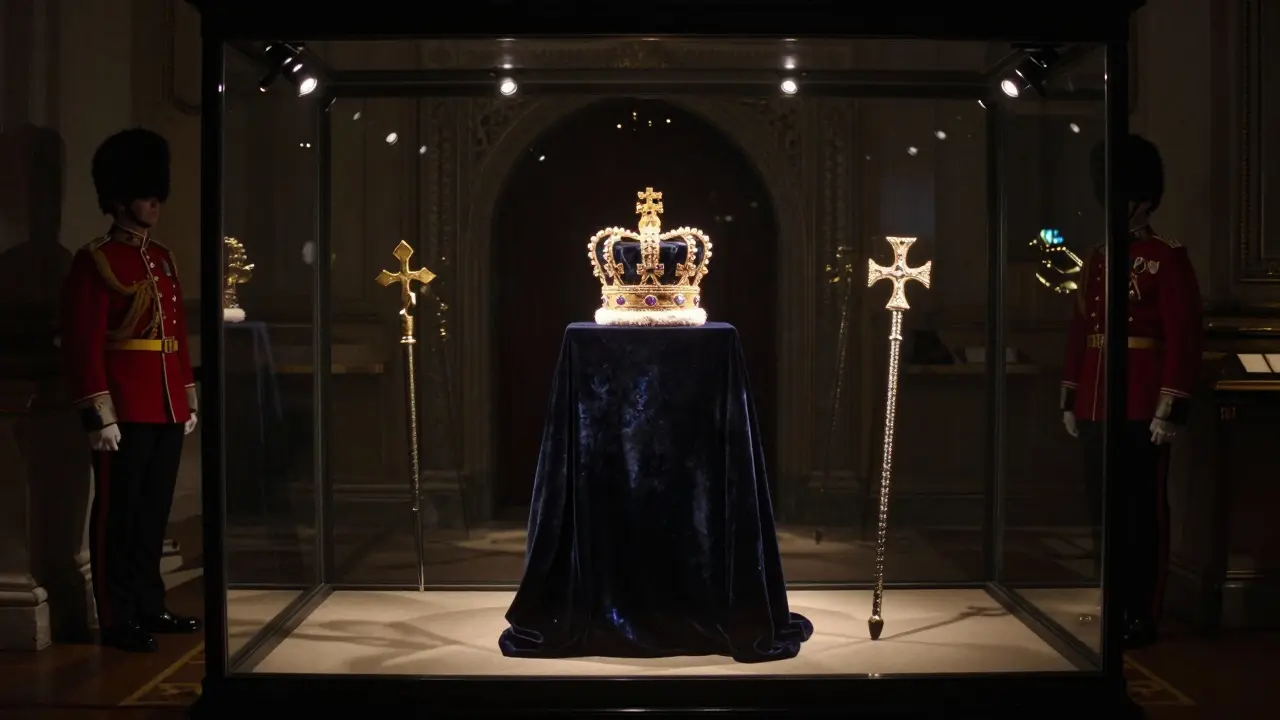 The Crown Jewels gleaming under spotlights inside the Jewel House, guarded by two Yeomen Warders.