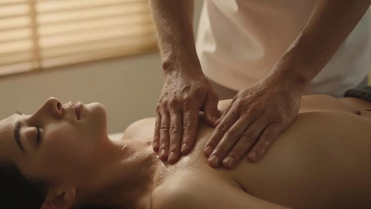 Therapist's hands using myofascial technique on a client's pelvic area, showing deep relaxation.