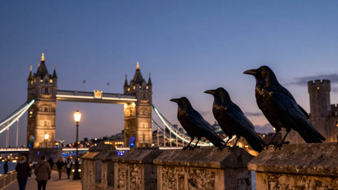 Three ravens perched on the Tower’s battlements at twilight, overlooking Tower Bridge and the glowing city.