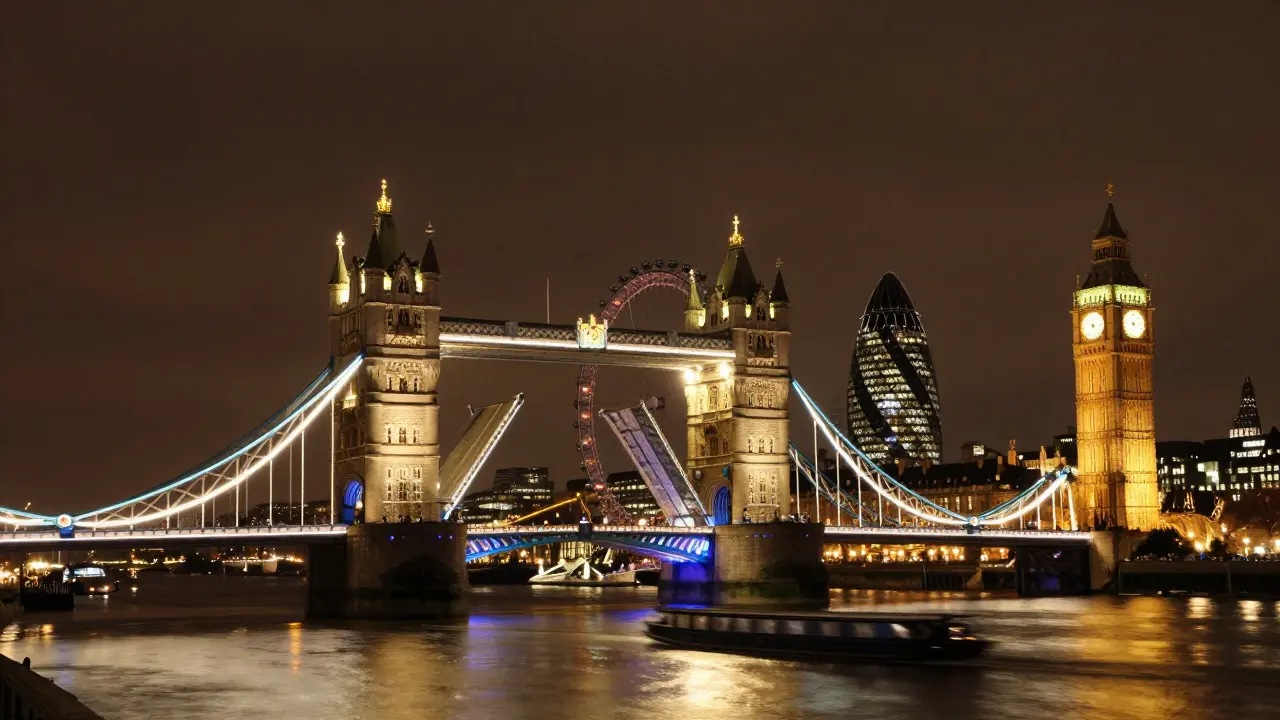 Tower Bridge and Gherkin lit at night, with the London Eye and Big Ben in the distance.