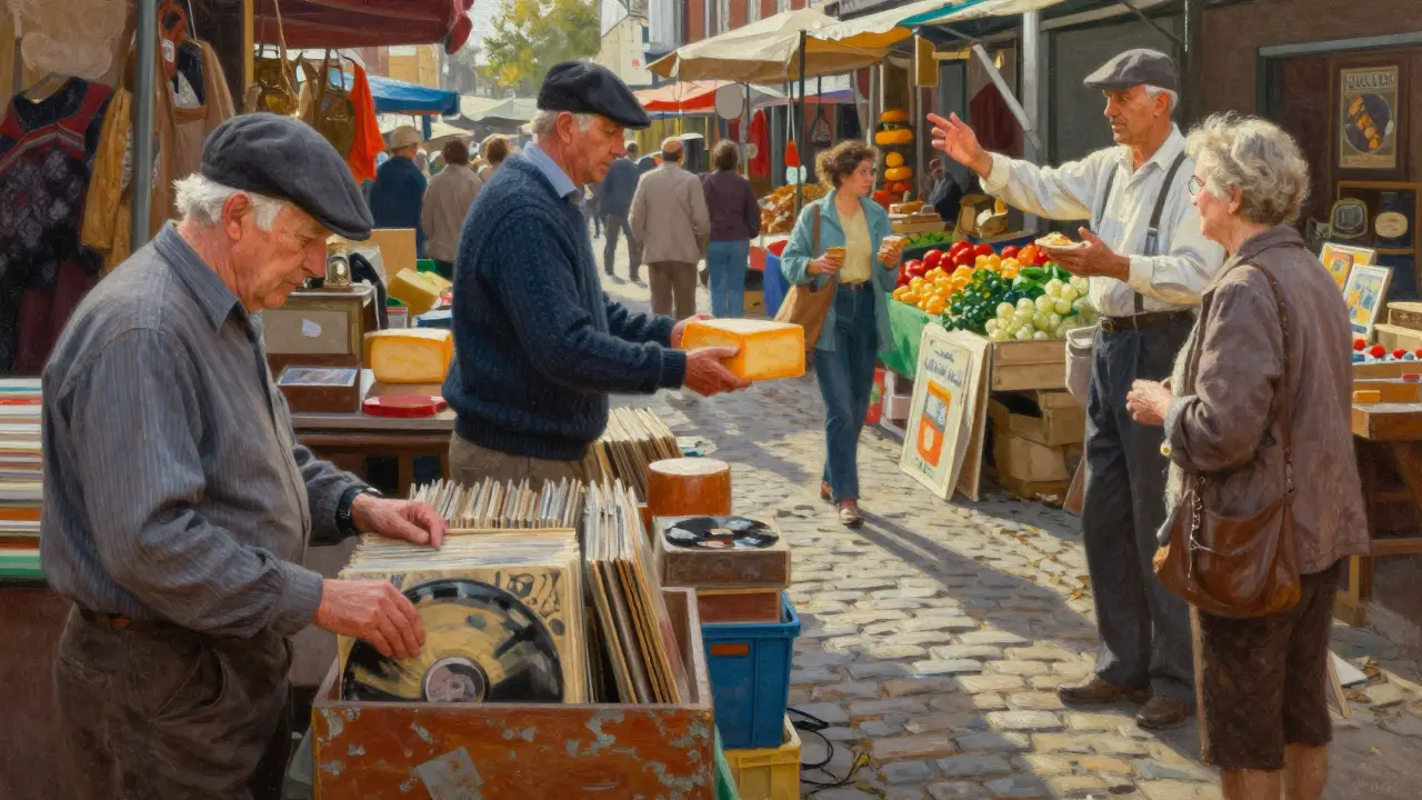 Vibrant Saturday market scene with elderly shoppers and vendors at Portobello Road.