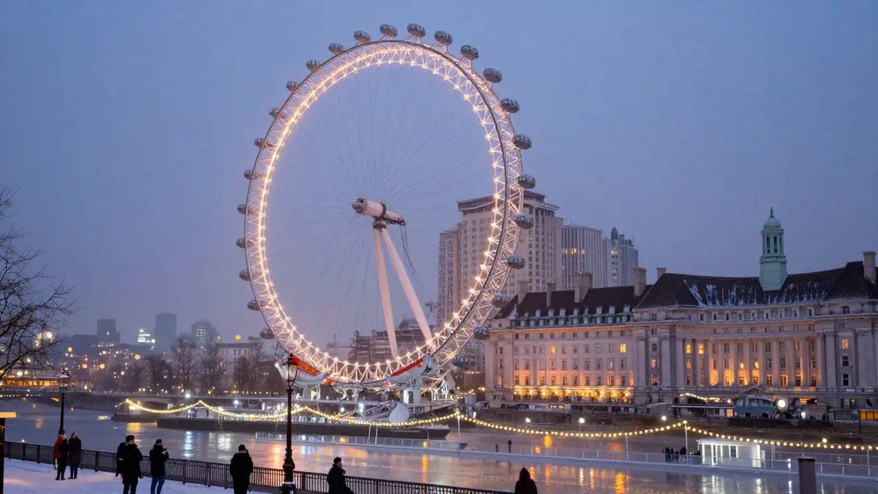Winter night scene from the London Eye with snow-dusted rooftops and glowing ice rink below.