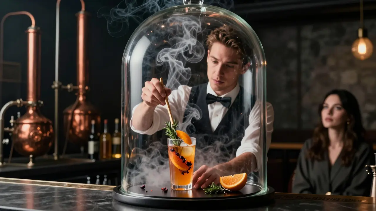 A cocktail under a glass dome releasing smoky aromas, with a bartender and guest in a moody industrial bar.