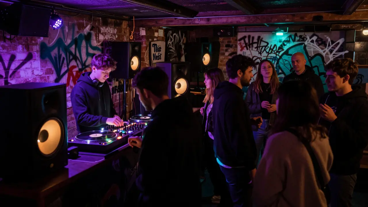 A cozy basement club with people dancing to deep house in casual clothes under glowing speakers.